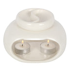 Elegant white double oil burner and wax warmer with two tealight candles, perfect for customizable home fragrances.